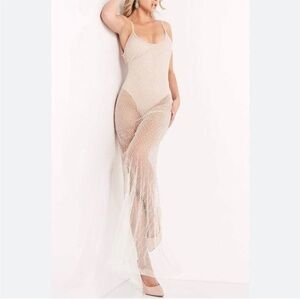 NEW JOVANI SZ 2 NUDE SILVER BEADED ILLUSION BODYSUIT FORMAL EVENING GOWN